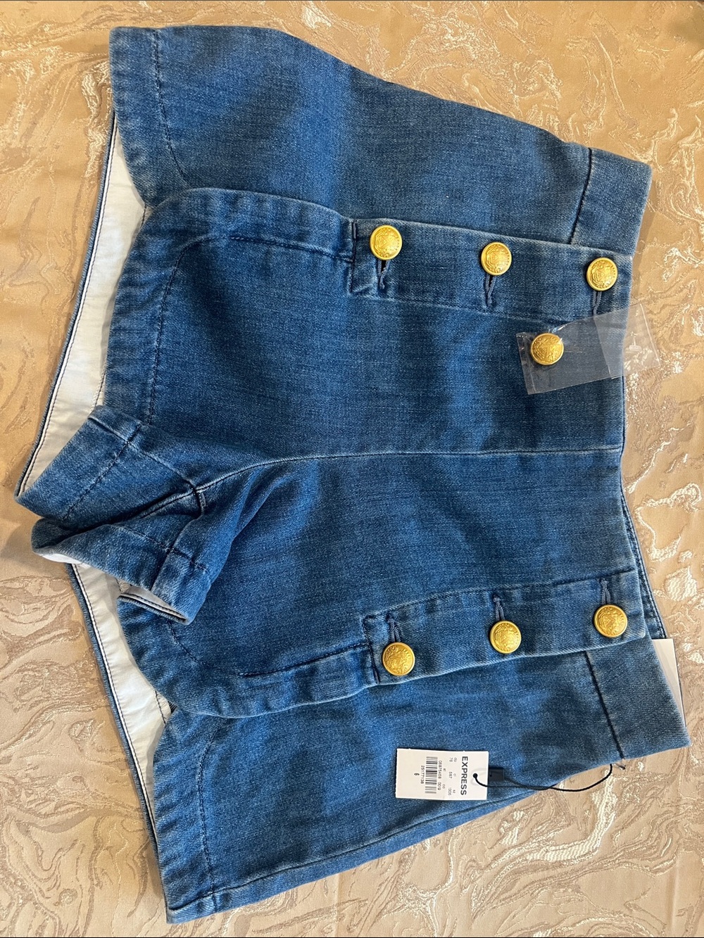 Express Gold-Button Blue High-Rise Denim Shorts